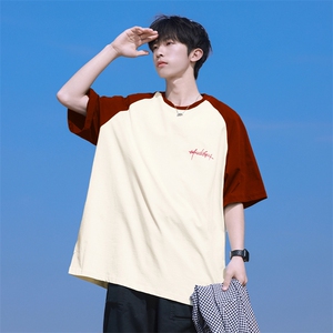 抖音得物高品质二开240克宽松纯棉美式潮牌插肩袖拼接短袖T恤图片