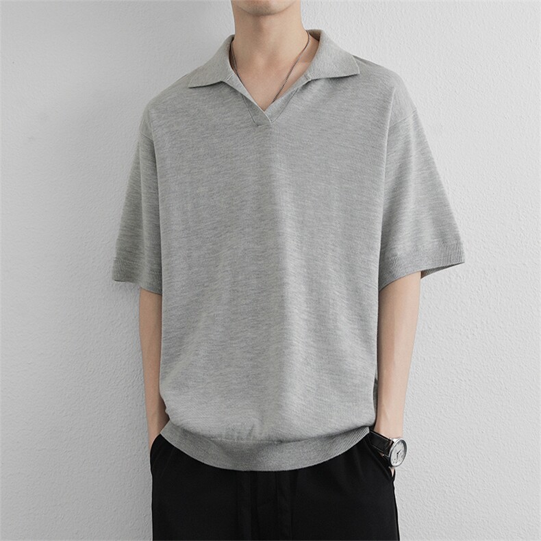 海鸥领针织衫短袖t恤男翻领新款宽松polo衫男半袖打底衫上衣服图片