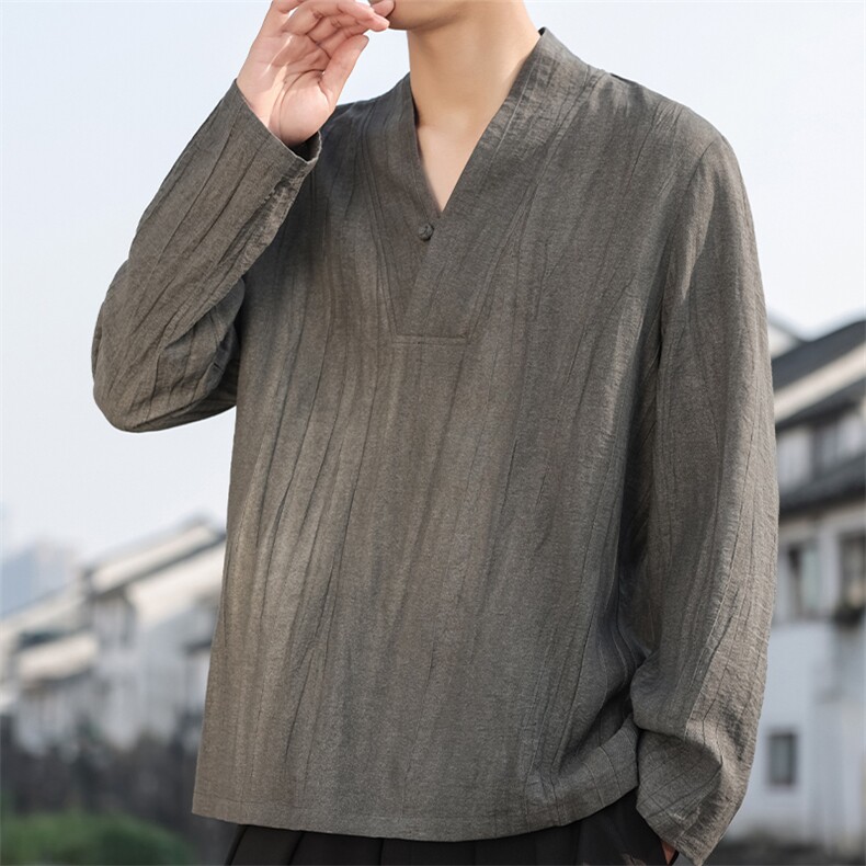 2026春夏棉麻男装风亚麻衬衣新中式V领盘扣衬衫唐装C176-P65,男装衬衫,电商B277(原6028)