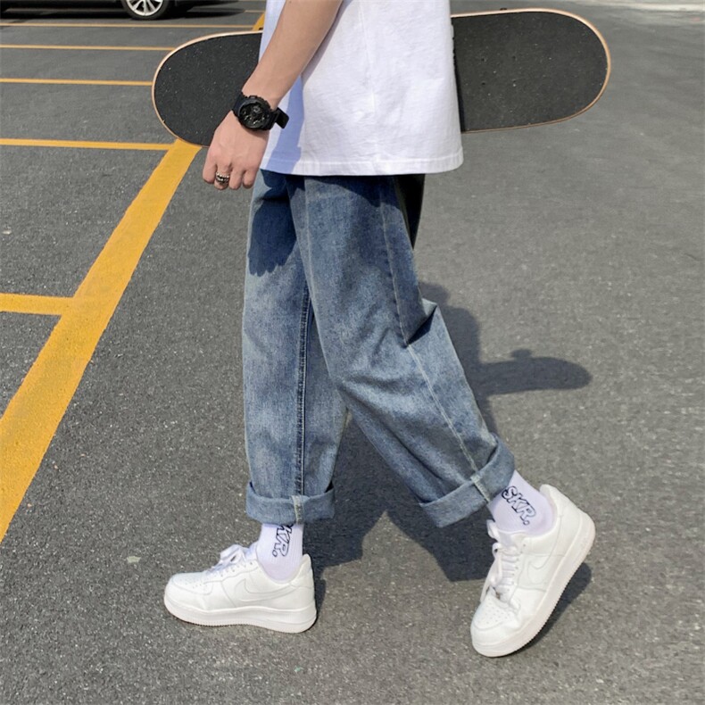 主推男士牛仔裤百搭宽松拖地直筒裤港风潮流阔腿休闲裤子N190-P35,男装牛仔裤,星座1008-1