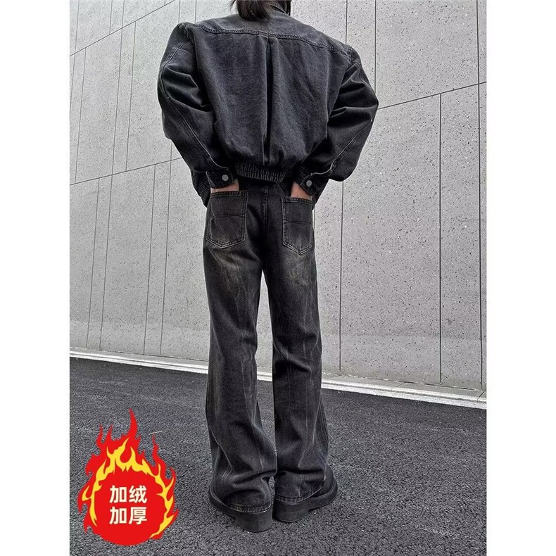 美式复古闪电裂纹牛仔裤加绒加厚直筒裤拖地阔腿裤K8002-P52网图图片