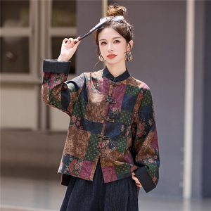 现货新中式盘扣短外套女2025秋季新款复古印花高级感气质减龄上衣图片