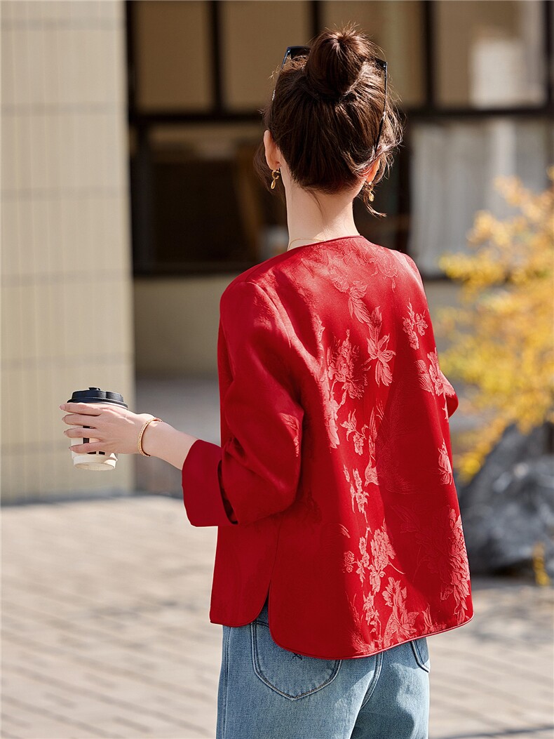 现货中古风提花人丝缎面guo风中式短款外套2026年春秋季女,女装短外套,木橙西子