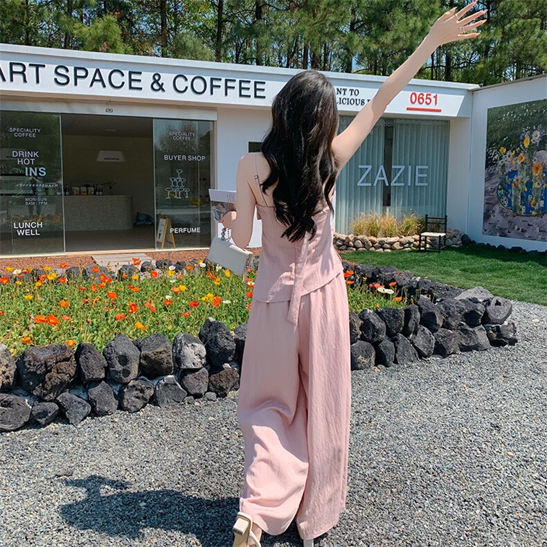粉色法式简约甜美风吊带上衣套装女2025夏季新款高腰阔腿裤两件套,女装套装/套裙,浙宝220