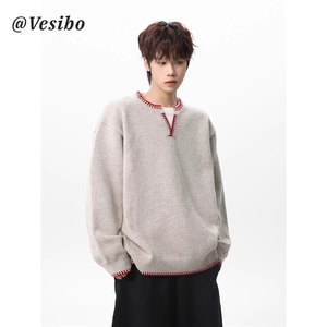 1506/QY900/P62美式假两件V领设计感针织衫潮牌慵懒风休闲内搭图片