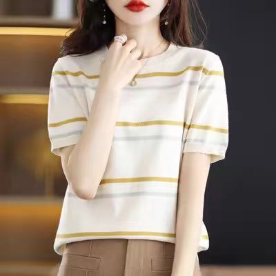 时尚百搭纯棉彩条短袖针织衫修身显瘦圆领毛衣女款,针织衫/毛衣,桦兴羊绒