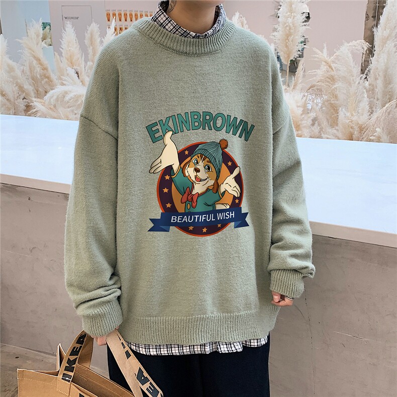 1港风圆领中性情侣潮流大码M-5XL印花加厚毛衣男7689P48加绒P55图片
