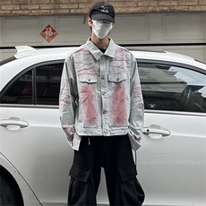 美式复古高街扎染牛仔外套男款高级感水洗工装夹克潮牌翻领机车服，男装工装外套，星座302B
