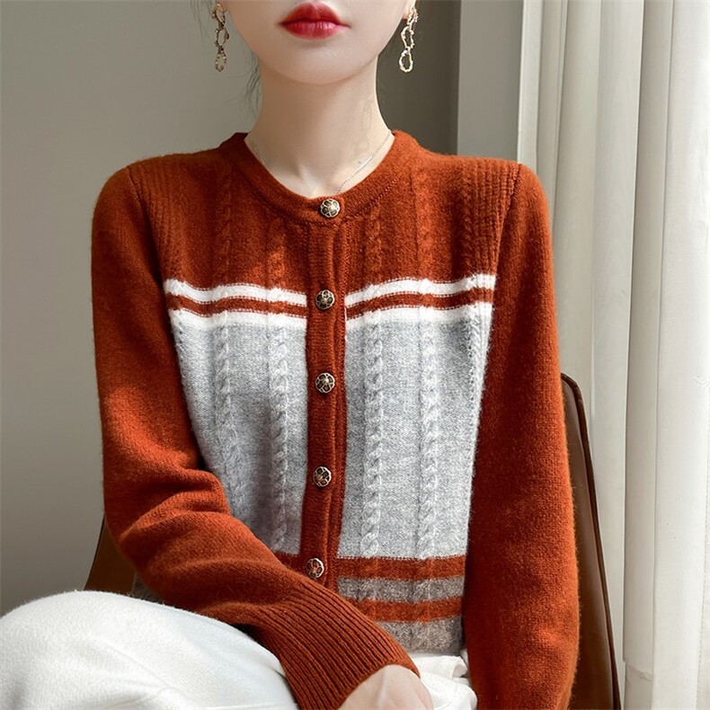 休闲/淑女2024年秋季羊毛纯毛双股拼色开衫保暖舒适,女装羊毛衫,梵泰羊绒