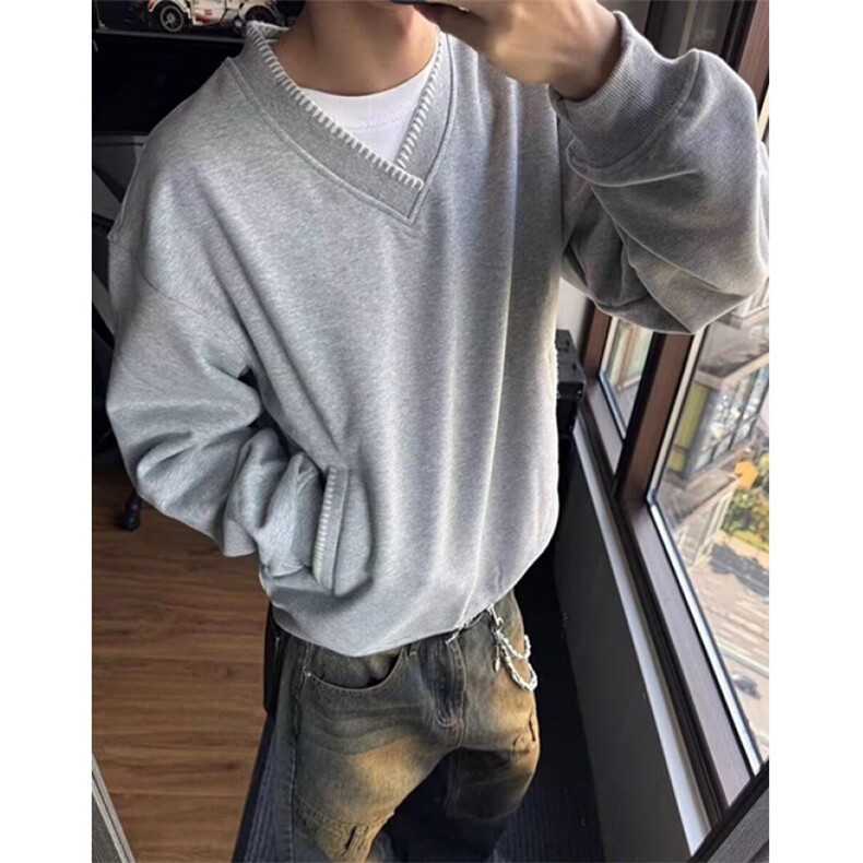 灰色基础款V领卫衣男女简约ins百搭休闲套头长袖体恤上衣WA41,男装T恤,星座1116A（原606A-3）