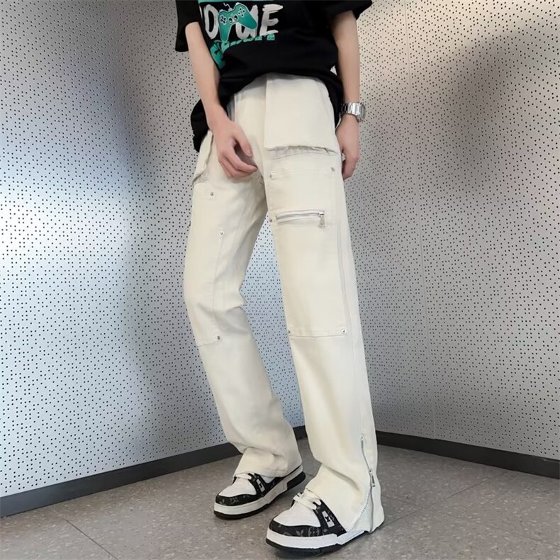 工装机能口袋拉链牛仔裤高街小众设计感微喇叭潮牌裤子N08849-P80，男装牛仔裤，星座308B-2