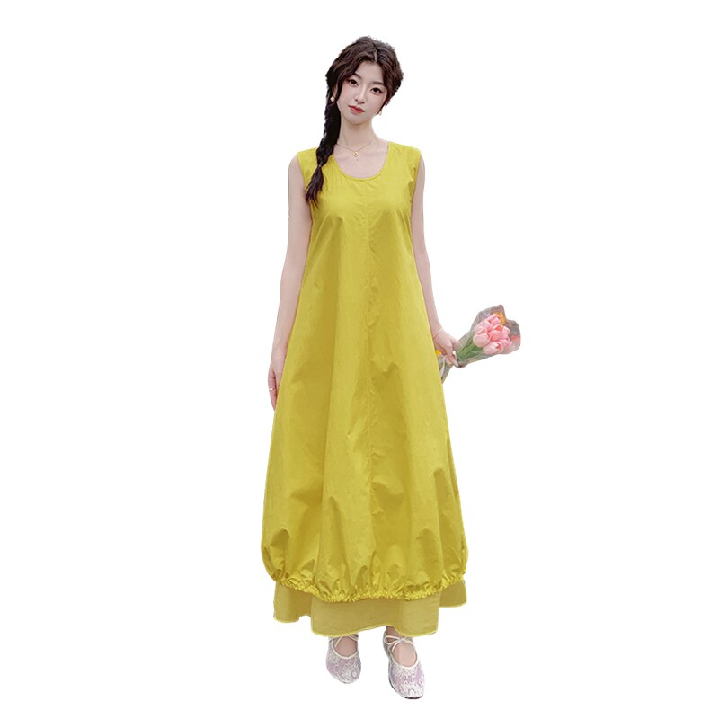 2025夏时尚宽松显瘦圆领无袖下摆拼接网纱配包包减龄连衣裙女,女装套装/套裙,欧黛芙妮