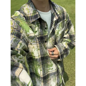 扎染格子衬衫男生春秋季中性简约风情侣潮牌宽松休闲长袖衬衣外套