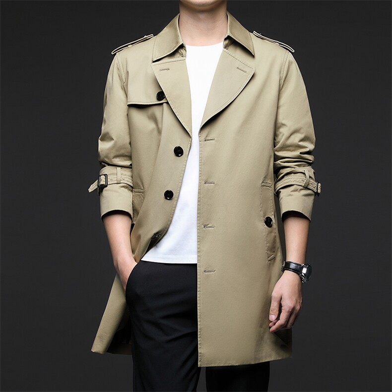 D611春秋新款男士中长款风衣翻领外套简约通勤商务男装，男装风衣，电商B360