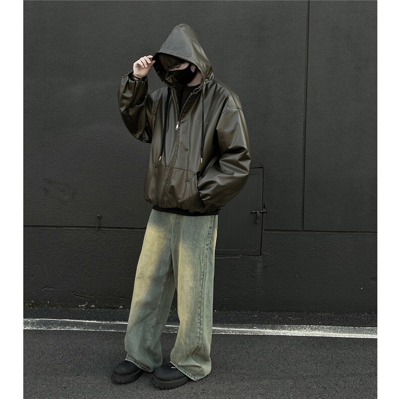 冬装24新款连帽宽松PU皮棉衣大码男装刺绣棉服棉袄外套S371-P138,男装棉衣,电商A233-1