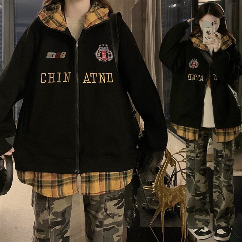 C951-P100 拼接格子假两件连帽上衣2025女秋冬款高级拉链双层外套图片