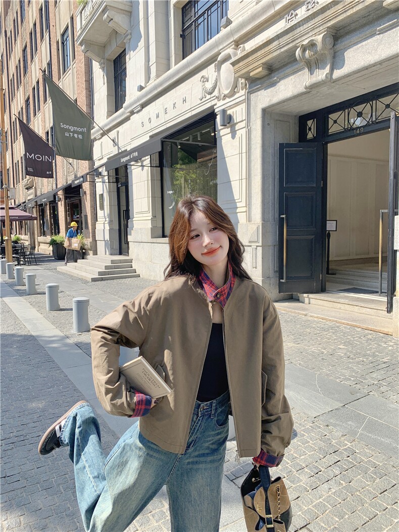卡其色格纹拼接短外套女2025秋季新款小个子时尚百搭休闲夹克上衣,女装派克服,2D034
