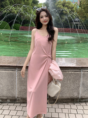 长袖衬衫针织吊带连衣裙女夏两件套2024新韩版时尚圆领套头长裙子，女装套装/套裙，鑫慧