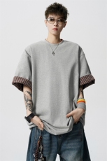 8XL-M格子翻边设计短袖tee男同款文艺休闲T恤上衣半截袖男DX342，男装T恤，电商D206-1