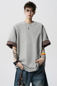 8XL-M 格子翻边设计短袖tee男同款文艺休闲T恤上衣半截袖男DX342图片