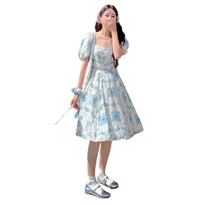 蓝色碎花泡泡袖连衣裙女夏季2024新款法式气质小个子减龄茶歇裙子，女装连衣裙，天使之佳话