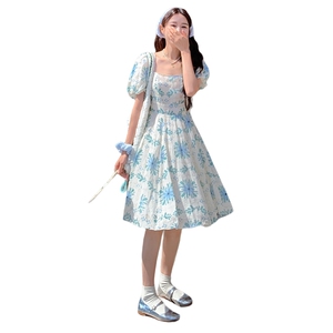 蓝色碎花泡泡袖连衣裙女夏季2024新款法式气质小个子减龄茶歇裙子图片