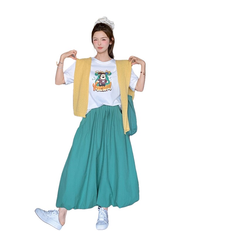 白色卡通短袖绿色半身裙两件套女夏季超火韩系休闲减龄巨好看套装,女装套装/套裙,2C230