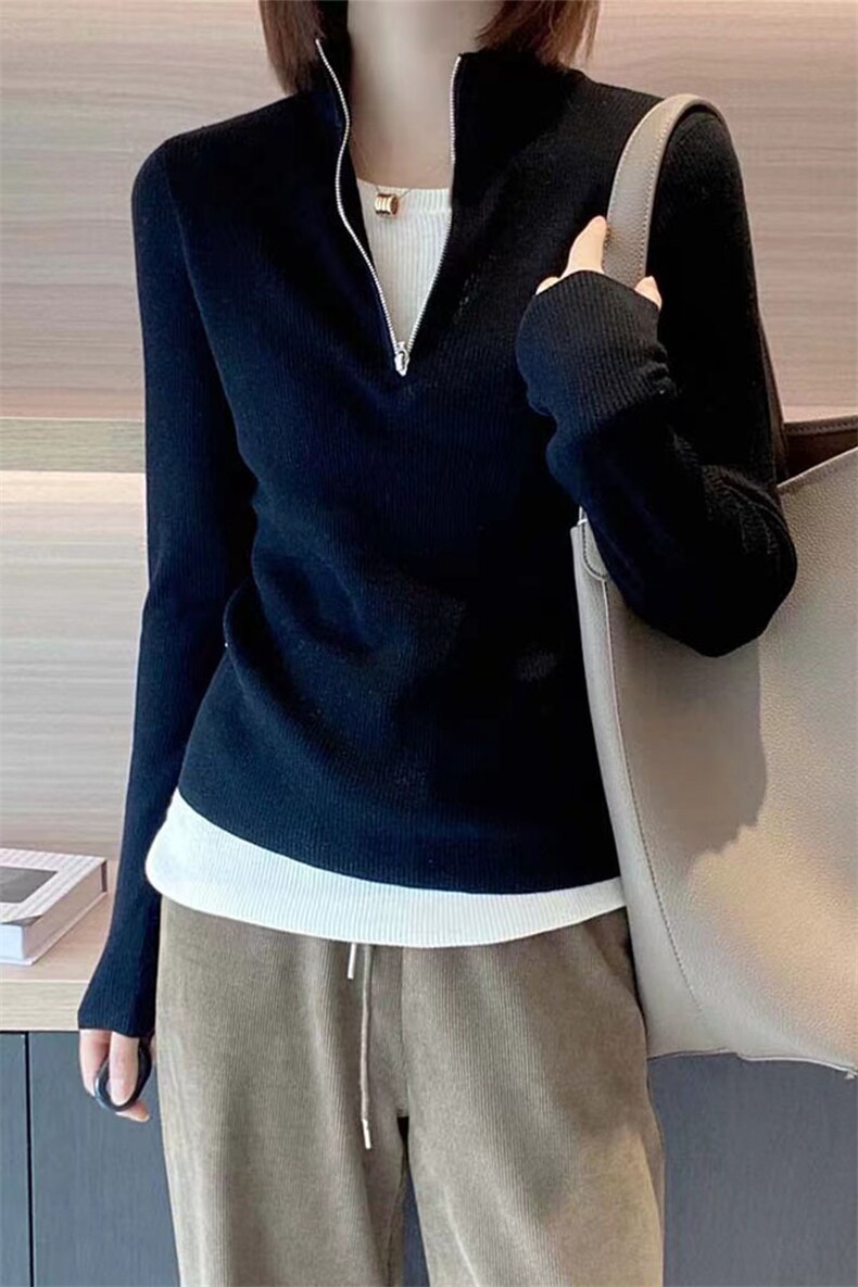 欧货时尚半拉链长袖2024新款假两件羊毛衫外套洋气高级感毛衣上衣,针织衫/毛衣,萱芳婷羊绒
