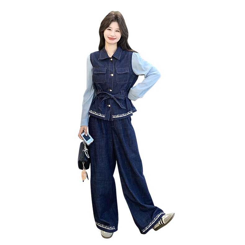 现货！现货！2026春季新款时尚轻奢风刺绣牛仔两件套女,女装套装/套裙,2C306