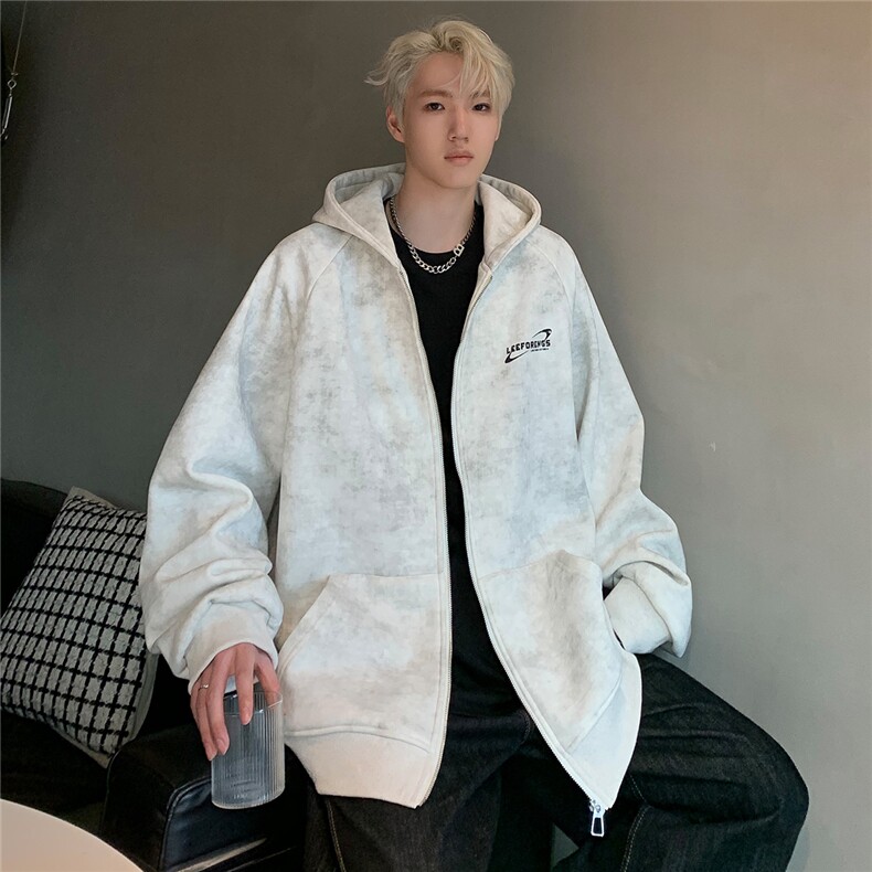 美式双面印花拉链设计复古连帽外套情侣开衫卫衣秋季JK92-P78，女装短外套，电商C307A