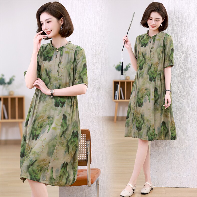 2024年夏季新款时尚印花短袖连衣裙女中长款小个子a字长裙子洋气，女装连衣裙，简韵佳