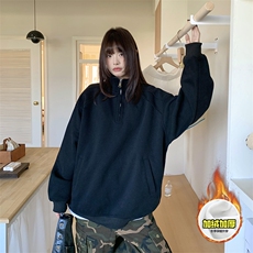 480G重磅加绒硬挺boxy男女秋冬美式高街结构半拉链立领卫衣厚外套，女装短外套，电商A486
