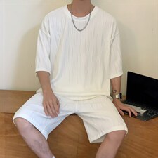 TZ65859/P65高品质波浪冰丝垂感T恤短裤套装男宽松大码两件套控98，男装休闲套装，电商A141