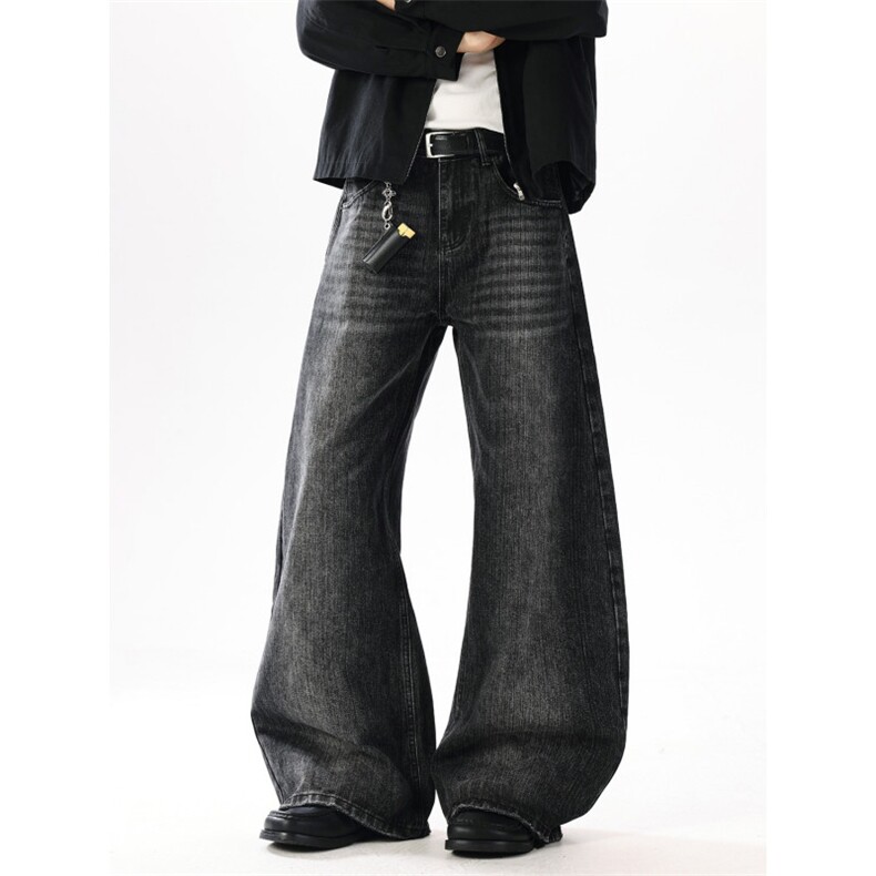 美式复古高腰微喇牛仔裤高街设计感宽松显瘦阔腿拖地裤N0765-P60，男装牛仔裤，星座308B-2