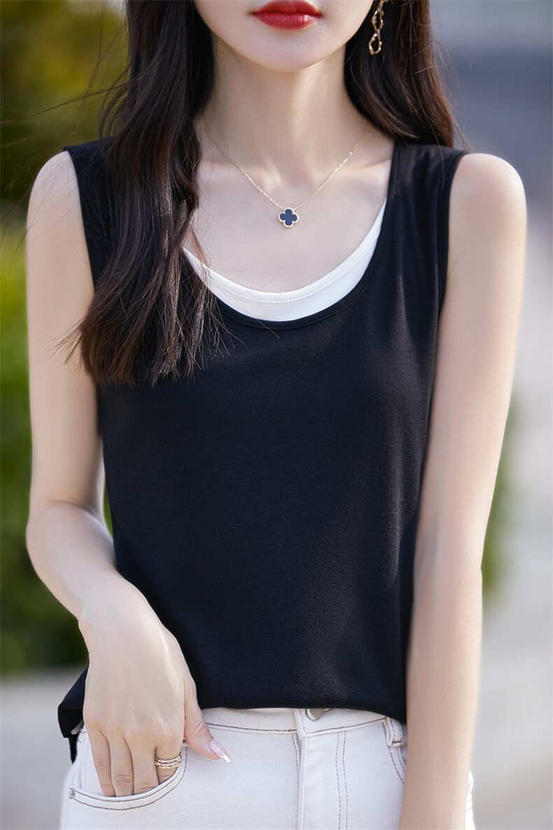 设计感假两件天丝针织吊带背心女夏辣妹宽松休闲撞色外穿无袖上衣,女装背心吊带,臻维羊绒