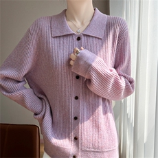 2025年秋季新款翻领针织羊绒开衫休闲通勤百搭时尚，女装羊绒衫，多娇羊绒