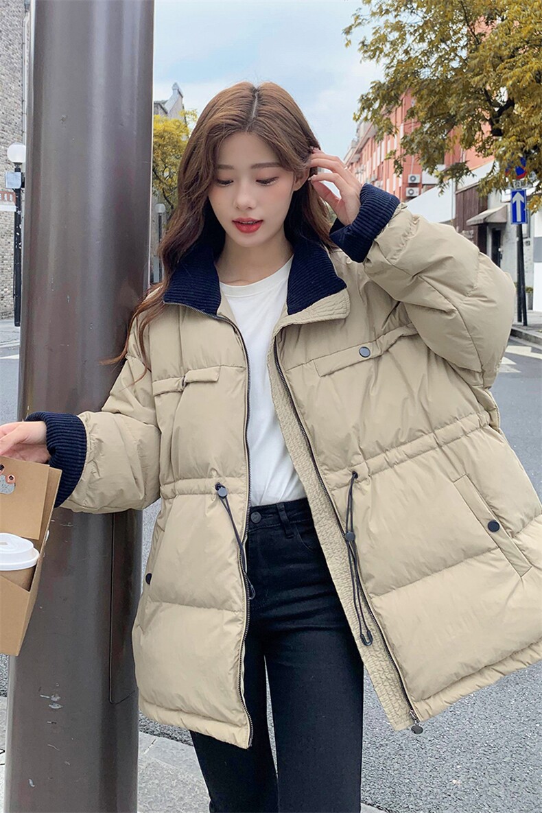 现货奶茶色加厚拼色羽绒服50绒,女装羽绒服,菡迪欧娜