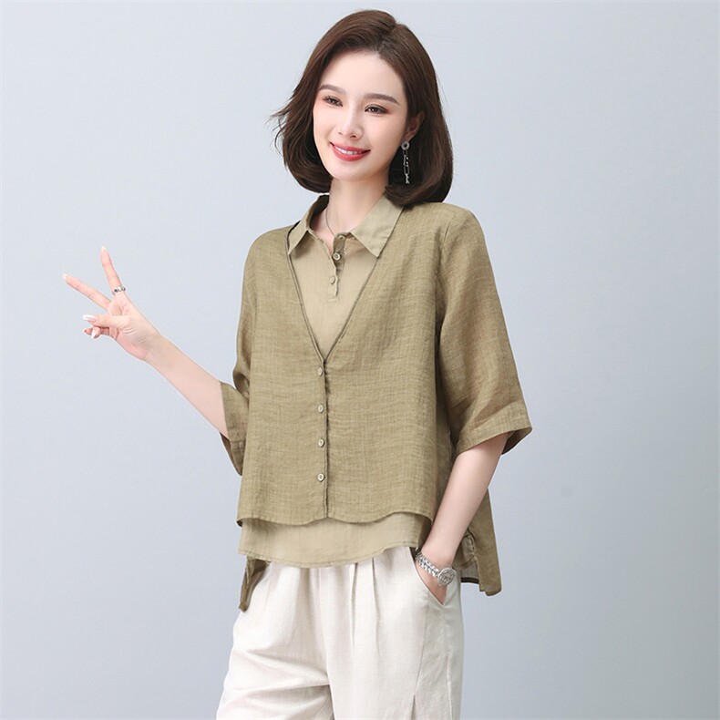时尚休闲棉麻女2025夏季新款中年妈妈苎麻衬衫减龄亚麻,女装衬衫,忆绮罗