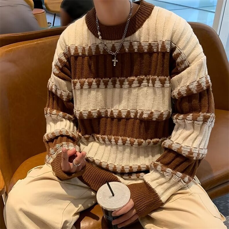 毛衣男春秋日系慵懒复古温柔风软糯设计感小众条纹百搭针织上衣潮,男装针织衫/毛衣,星座1013