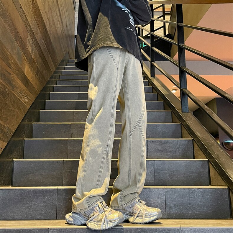 牛仔裤秋冬美式高街宽松直筒修身泥黄休闲长裤子微喇K790-特批45,男装牛仔裤,星座718-1