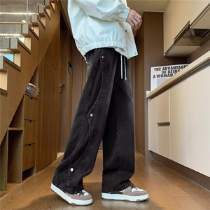美式牛仔裤男垂感阔腿宽松高街潮牌设计感纽扣拼接解构Z1043 P41图片