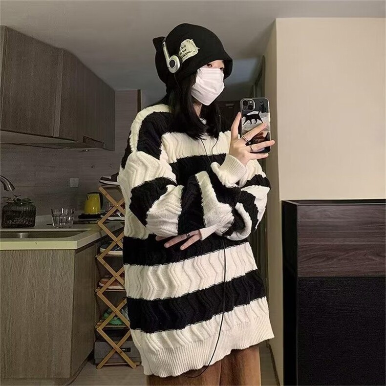 条纹毛衣女秋装宽松慵懒风日系复古小众设计感针织衫外套,男装针织衫/毛衣,星座506A