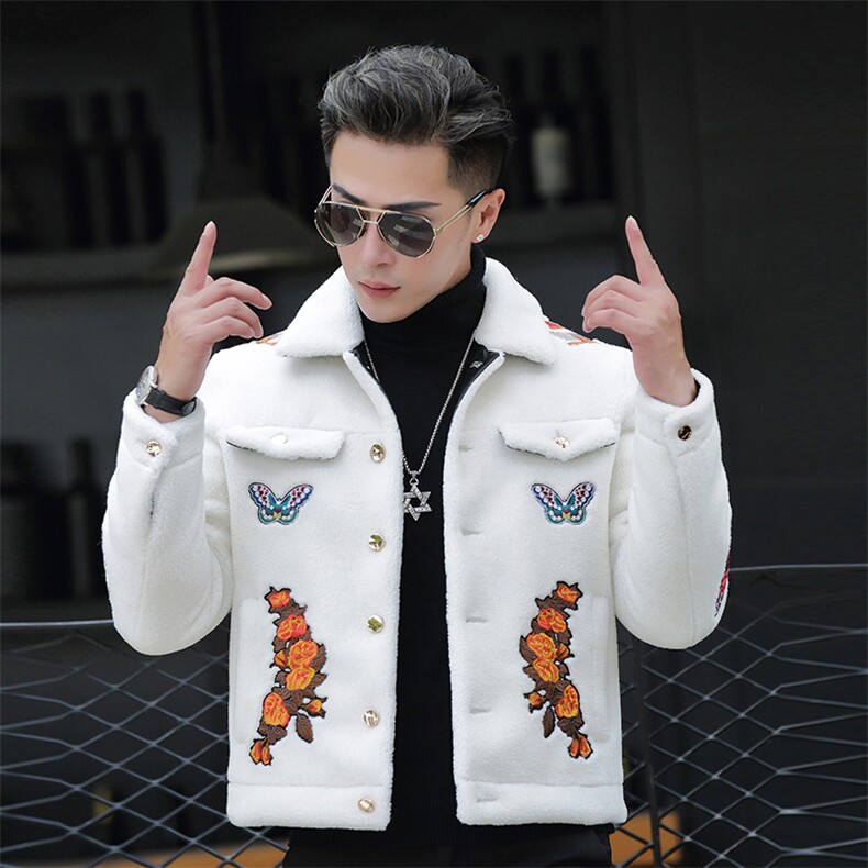 X 冬季新款羊毛外套男士羊剪绒皮草刺绣潮男羽绒服图片