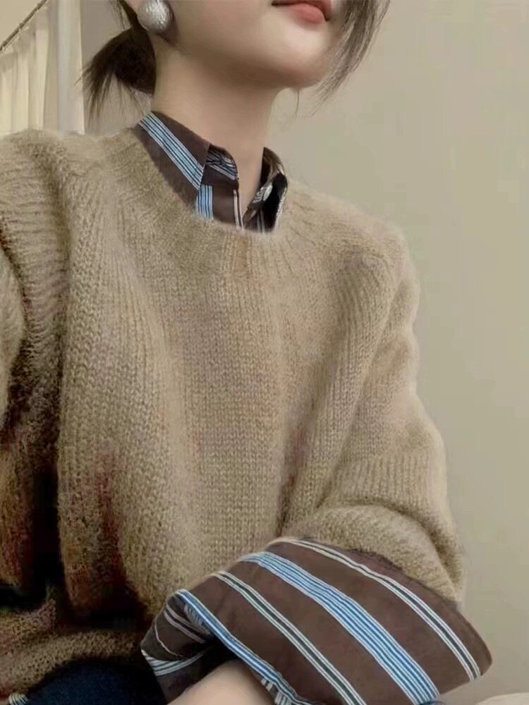 针织衫女圆领羊毛衫秋冬宽松短款毛衣长袖内搭打底衫,女装羊毛衫,恩泰羊绒