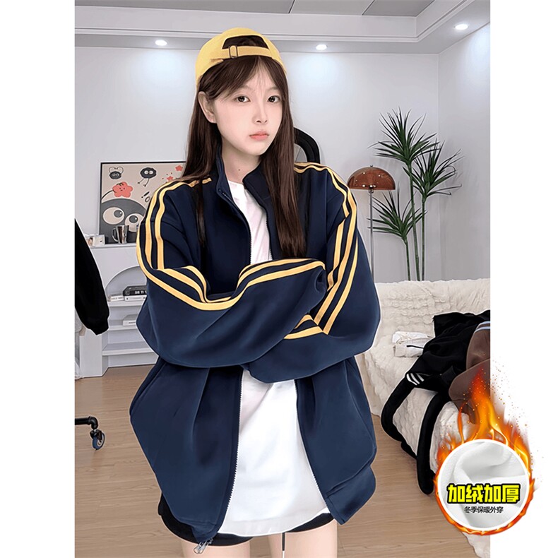 480G重磅加绒硬挺boxy男女秋冬美式高街三条杠立领卫衣开衫厚外套，女装短外套，电商A486