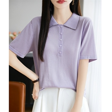天丝polo衫女2025夏季宽松烫钻薄款正肩短袖翻领针织衫上衣t恤新，女装T恤，昭美羊绒