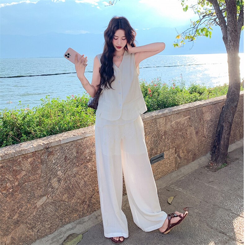 现货松驰感马甲套装夏季新款气质巨好看阔腿裤两件套,女装套装/套裙,韩蔻秀