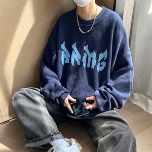 秋冬个性针织衫宽松男毛衣圆领提花水洗做旧32434P88控108图片