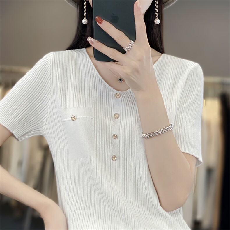 小香风V领套头针织衫短袖打底衫女宽松显瘦薄款百搭修身T恤上衣女,针织衫/毛衣,萱芳婷羊绒