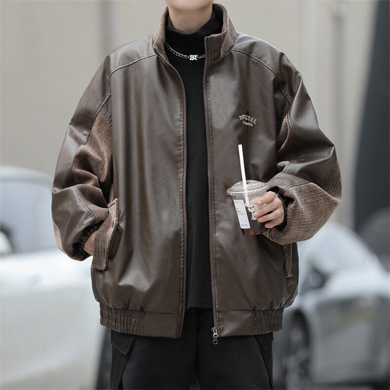DW6702-P72；潮牌古着皮衣夹克美式街头痞帅立领情侣机车服外套图片